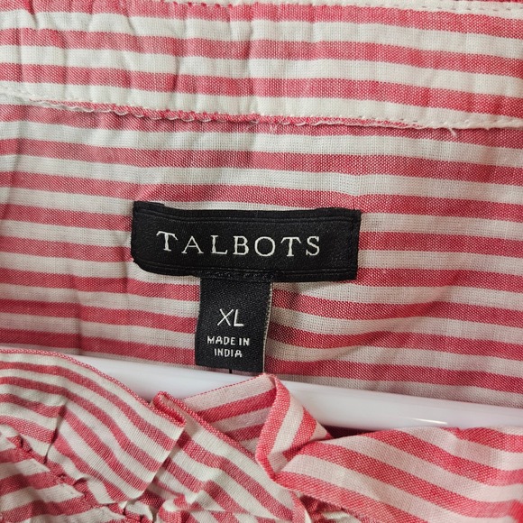 Talbots Womens XL Red White Striped Ruffle Neck Cotton Button Down Shirt Blouse - Picture 5 of 10